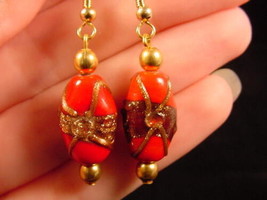 (EE-504-20) RED copper sparkle dot glass dangle earrings lampwork bead - £9.63 GBP