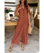 Women&#39;s V Neck Button Sleeveless Wide Pockets Jumpsuit - $50.03 CAD