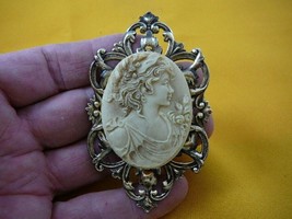 (CL14-15) NOBLE Lady with flowers off-white CAMEO Pin Pendant brooch necklace - £27.81 GBP