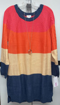 NWT Lularoe Medium Navy Blue Cream &amp; Orange Wide Striped Lauren Sweater Dress - £37.88 GBP