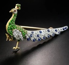 2Ct Round Cut lab-Created Emerald Peacock Brooch Pin 14k Yellow Gold Plated - £278.49 GBP