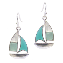 Sailboat Drop Dangle Earrings Sterling Silver and Sea Glass - £10.41 GBP