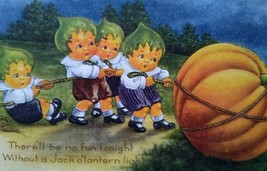 Fantasy Halloween Postcard Whitney Pixies Green Haired Children Oakfield NY 1917 - £51.96 GBP