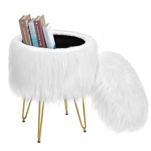 Vanity Stool Chair 4 Metal Legs With Anti-Slip Pad, Round Faux Fur Storage Ottom - £45.83 GBP