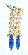 Prong-set Blue &amp; Crystal Rhinestone Gold-tone Pierced Earrings 1980s vint 1 3/8&quot; - £9.80 GBP