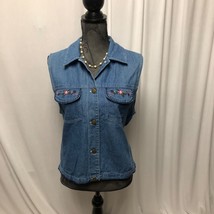 Vintage Stonybrook Denim Vest Womens Size Medium Floral Embroidery Button Front - £14.39 GBP