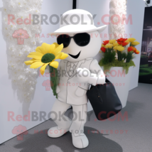 White Bouquet of flowers mascot costume character dressed with Suit and Wallets - £938.15 GBP