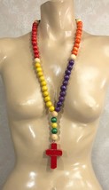Wooden Beaded Colorful Large Cross Religious  Necklace Vintage - £13.37 GBP