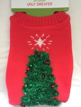 Ugly Christmas Dog Sweater Size Medium Red Tree Real Bells &amp; Garland Length 18&quot; - £12.62 GBP