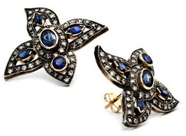 Victorian 2.05ct Rosecut Diamond Blue Sapphire Halloween Earrings Vintage - $619.42