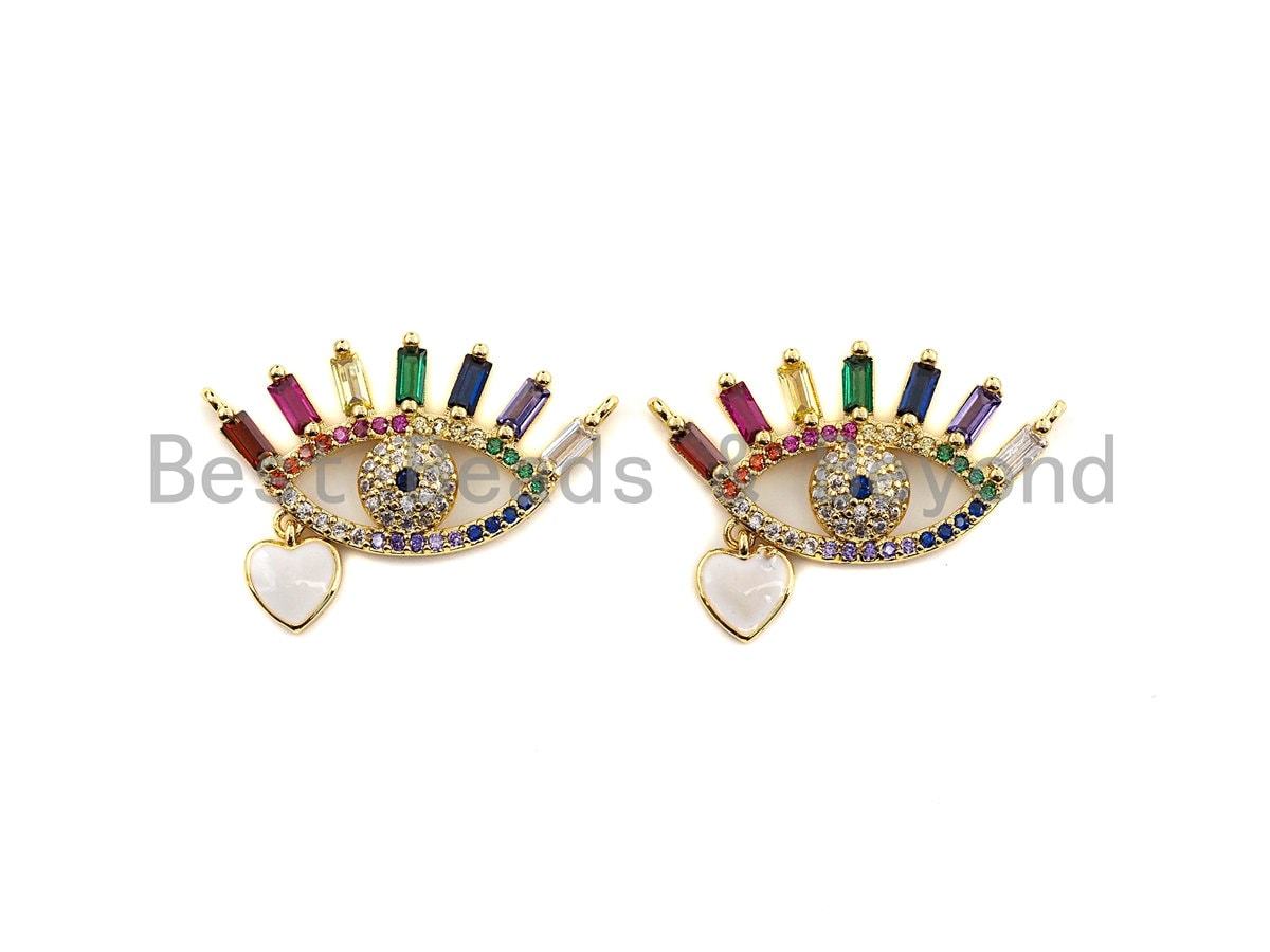 Multicolor CZ Evil eye with Heart Drop Pendant, CZ Pave Protection Eye Charms,