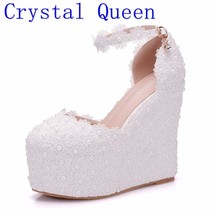 Crystal Queen Lady White Flower Wedding Shoes Lace Pearl High Heels Sweet Bride  - £62.97 GBP