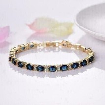 10Ct Oval Cut Lab Created Blue Sapphire Tennis Bracelet 14K Yellow Gold Plated - £265.05 GBP