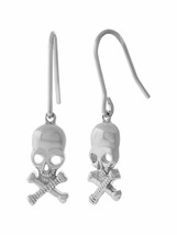 Sterling Silver 925 Skull With Cross Bone  1&quot; Drop Dangle Earwire Earrings NEW - £24.18 GBP