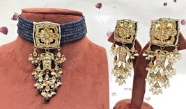 Real Polki Bollywood Jewelry Bridal Choker Kundan Necklace Set Blue Sapphire - £68.54 GBP