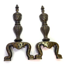 Vintage Cast Metal Antique Brass Tone Ornate Fireplace Andirons Firedogs... - £42.57 GBP