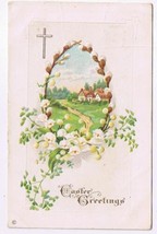 Easter Postcard Embossed Cottage Scene Lilies Cross Early 1900s - £1.69 GBP