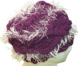 Purple hand knit hat with icy pink fringe - £19.61 GBP