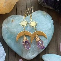 Crystal Raw  Amethyst Drop Earrings with copper sheet moon star charms BOHO gift - £12.11 GBP