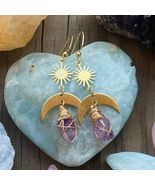 Crystal Raw  Amethyst Drop Earrings with copper sheet moon star charms BOHO gift - £11.90 GBP