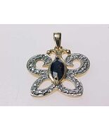 GOLD over STERLING BUTTERFLY Vintage Pendant with Genuine Dark Blue SAPP... - $32.00