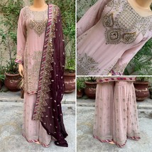 Pakistani Light Pink Straight Style Embroidered Sequins Chiffon Gharara Dress,S - £99.33 GBP