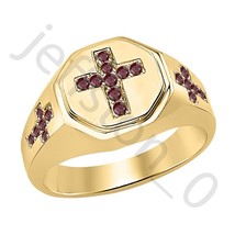 1.20 ctw Lab Created Red Garnet 14k Yellow Gold Over 3 Crosses Band Men&#39;s Ring - £40.08 GBP