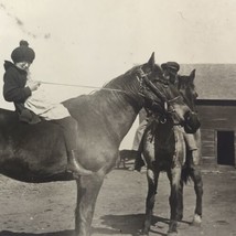 Horses Horseback Child Or Small Person Photograph Original Snapshot Antique - £7.95 GBP