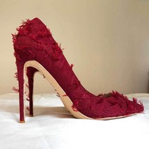 Tikicup Burgundy Women Tassel Fabric Pointed Toe Stiletto Pumps Distressed Extre - £58.52 GBP