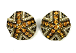Vintage Earrings Hollycraft Signed Seed Pearl Dome Round Amber Topaz 1954 - €27,63 EUR