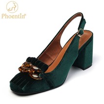 women retro green velvet slingback sandals Summer chunky high heels shoes crysta - £78.27 GBP