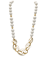 Trifari Enamel Chunky Chain White Ball Beaded Necklace Gold Tone Vintage 1980s - £17.18 GBP