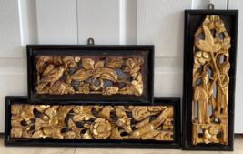Vintage Set of 3 Chinese Carved Wood Relief Gilt Panels w Birds, Floral, Figures - £194.78 GBP