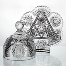 American Brilliant Straus Hobstar &amp; Notched Prism Flare Cut Butter Dish, Antique - £98.77 GBP