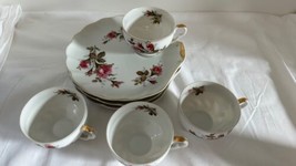 Set Of 4 Vintage Napco Gold Hand Painted Snack Tray Plates W/ Cups. IVD124 - £53.38 GBP
