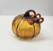 Art Glass Crackle Pumpkin Gourd Hand Blown Amber Twisted Stem Fall Table... - $22.97