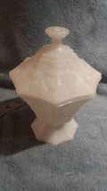 Vintage Milk glass White Pedestal  Compote Covered Candy Dish Grape Embo... - £9.06 GBP