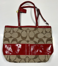 Coach Khaki Signature Stripe Patent Shoulder Tote Red Bag Handbag 12429 - $40.19
