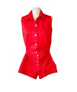 Vintage 70s XS/S Red 2 Piece Summer Outfit Shorts Set Button Up Shirt Retro - £37.15 GBP