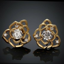 2.2CT Redondo Corte Diamante Imitación 14K Amarillo Oro Sobre Flor Dormilonas - £176.19 GBP