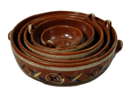 Mexican Pottery 5 Piece Set Red Clay Nesting Bowl Handle Serving Mixing Vintage - £93.37 GBP