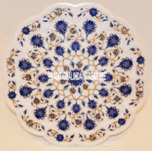 15&quot; White Marble Serving Plate Lapis Lazuli Precious Inlay Floral Decor Gifts - $887.54