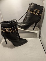 Shoe Dazzle Carlene Women&#39;s 8 Black Boot Shoes Heels Gold Chains Lace Zip Buckle - £40.18 GBP