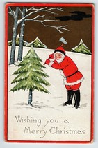 Santa Claus Christmas Postcard Chopping Down X-mas Tree Axe 1918 Fairman Vintage - £6.55 GBP
