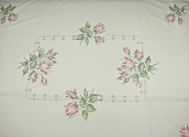 Embroidered Tablecloth Handcrafted 51&quot; x 68.5&quot; Pink Flowers Ecru Polyester Vtg - £13.30 GBP