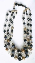 Fabulous 3 Strand Black, Clear &amp; Gold-tone Bead Necklace 1960s vintage 16 1/2&quot; - £15.92 GBP