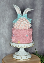 Easter Cake Bunny Ears On Pedestal Resin 14&quot; Pink Bow Flowers Glitter Ca... - $59.99