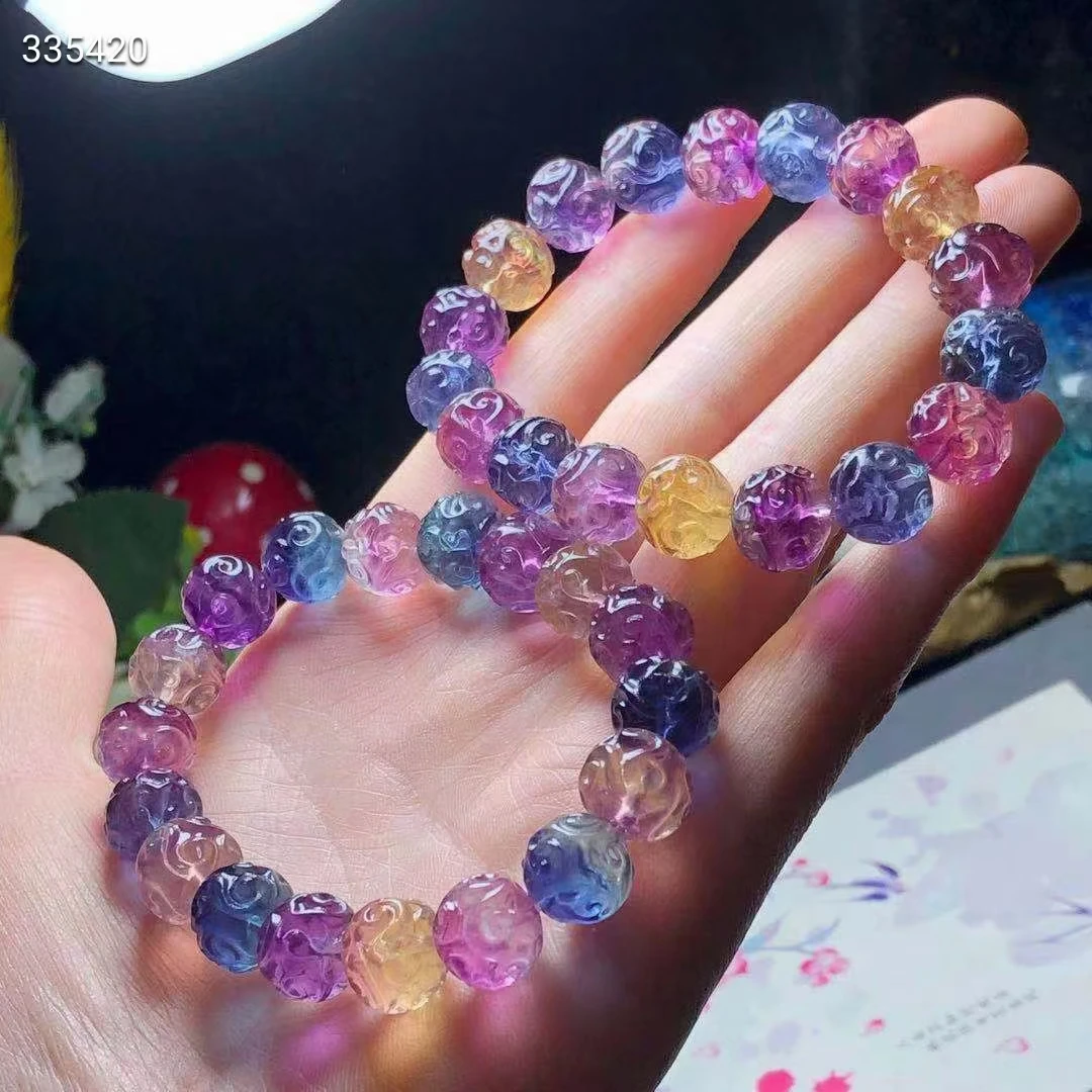 Natural Colorful Fluorite Quartz Clear Carved Beads Bracelet 12mm Blue Purple Fl - £75.05 GBP