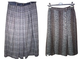 Skirt Woman Winter Wool Warm Tweed striped Grey Brown 44 46 Folds Buttons - £43.28 GBP+