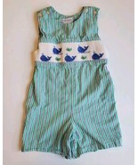 Vive La Fete Smocked Romper Boys Size 24 Months Whales Blue &amp; Green Striped - £20.13 GBP